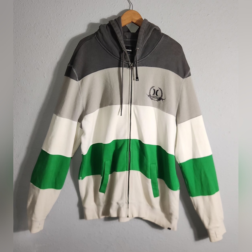 Vintage y2k Hurley full-zip hoodie with white, and green color block Men 2XL